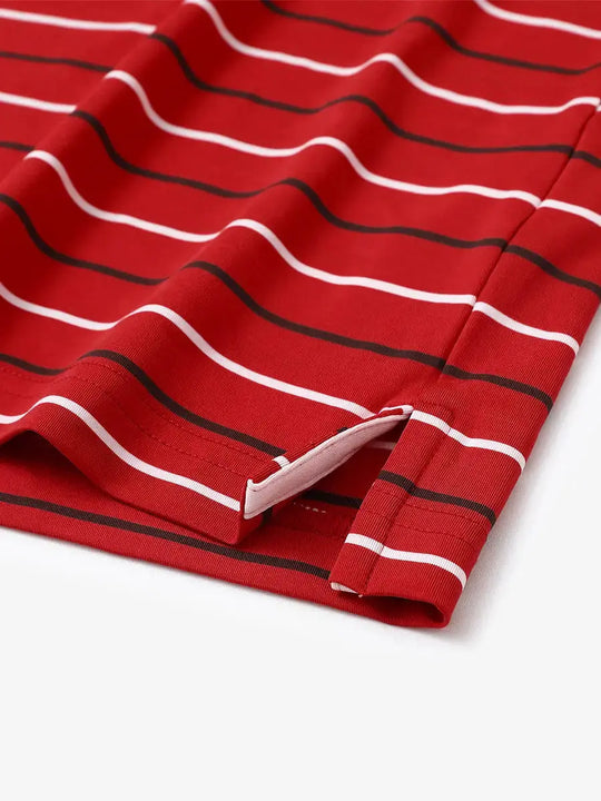 Hem slit detail of RED STRIPE Kids Stylish Stripe Polo Shirt, highlighting finish and stitching.