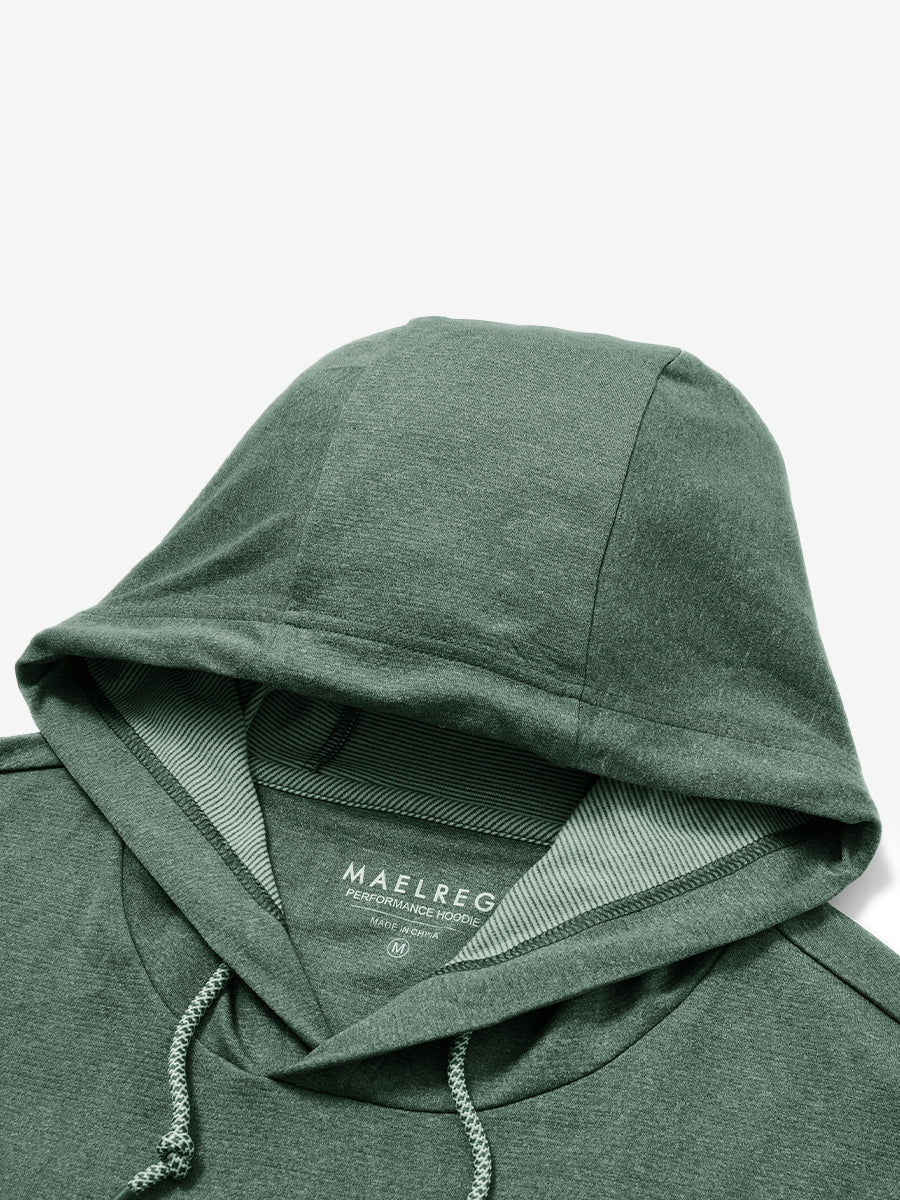 Hood detail of the classic heather pullover hoodie in dark green melange, showcasing fabric and stitching.