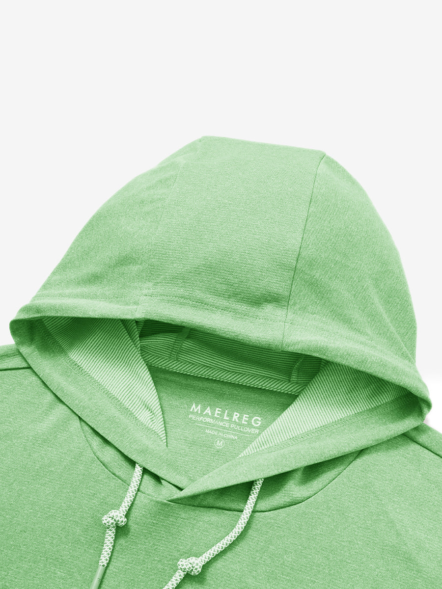 Hood detail of the classic heather pullover hoodie in light green melange, showcasing fabric and stitching.