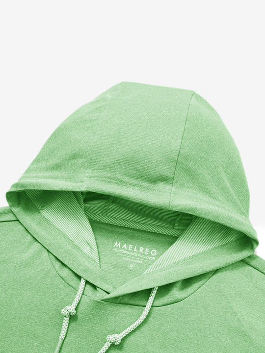 Hood detail of the classic heather pullover hoodie in light green melange, showcasing fabric and stitching.