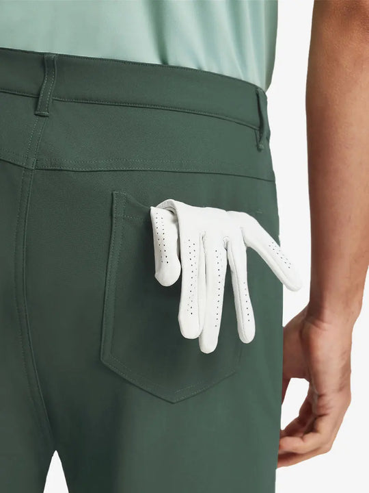 OLIVE GREEN 4-way Stretch Performance Solid Shorts, back pocket holding golf glove, 9 Inch design