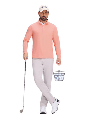 Front full body shot of model exercising in orange red grid featherweight midlayer quarter zip pullover