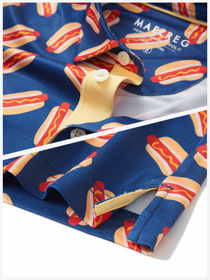 Detail: collar and hem slit of hot dog performance print boys golf polo