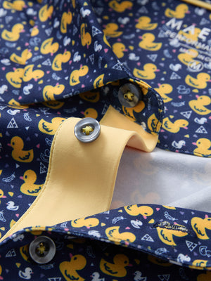 Detail shot of the collar on the yellow duck 4 way stretch print collared polo shirt, emphasizing the classic neckline design
