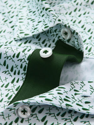 Detail shot of the collar on the green forest 4 way stretch print collared polo shirt, emphasizing the classic neckline design