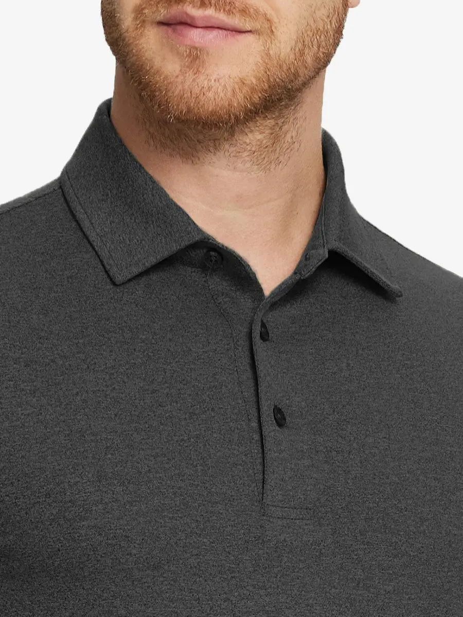 Dark Grey Heather Skin-friendly Long Sleeve Melange Polo – front view from model’s nose to chest