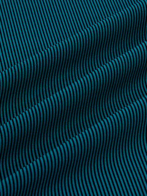 Close-up fabric view of long sleeve pinstripe jersey polo, smooth knit with subtle turquoise stripe stripes