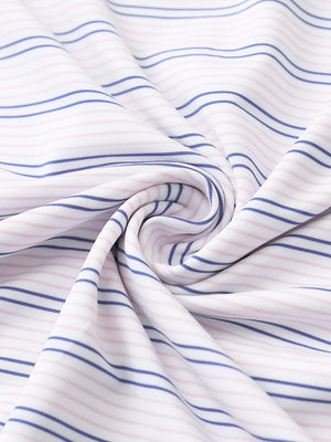Close-up fabric detail of performance stripe golf shirts, breathable texture with soft light pink cobalt stripe finish