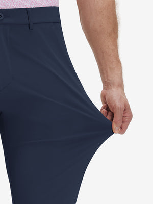 Detail view of pants elasticity on navy breathable casual slacks with 4 pockets