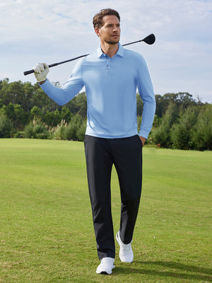 Model in light blue long sleeve solid jersey polo holding a golf club outdoors, full-body shot