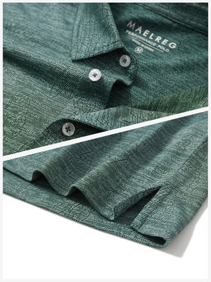 Detail shot of collar and hem of green leaf breathable jacquard pattern 3-button golf polo