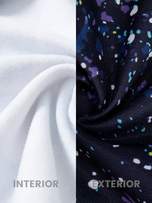 Fabric close-up of trendy print fleece hoodies, plush texture with warm splatter feel