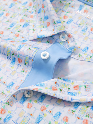 Detail shot of the collar on the colorful wine glass 4 way stretch print collared polo shirt, emphasizing the classic neckline design