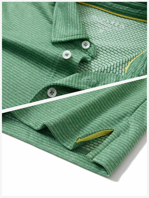 Detail shot of collar and hem of light green ultra-light quick dry moisture wicking collared polo shirt