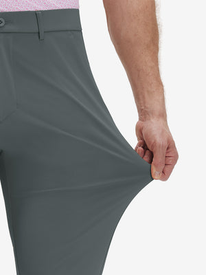 Detail view of pants elasticity on dark gray breathable casual slacks with 4 pockets