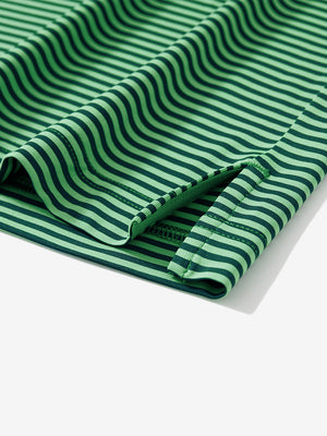 Detail: hem slit of green stripe upgraded two-tone striped quick dry polo shirt