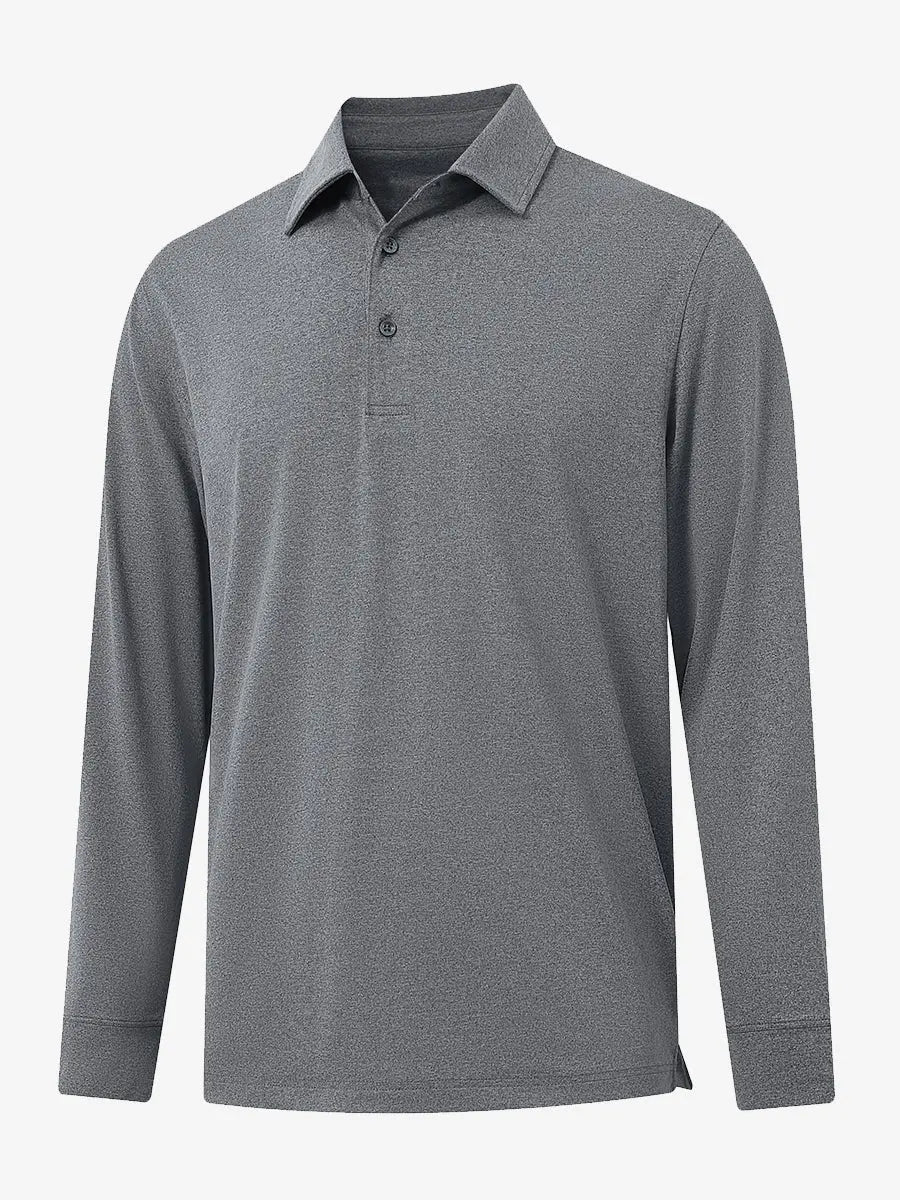 Black Grey Heather Skin-friendly Long Sleeve Melange Polo – 3D flat shirt display