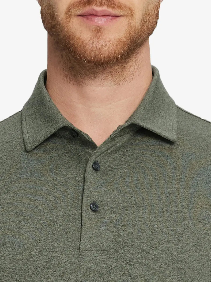 Olive Green Heather Skin-friendly Long Sleeve Melange Polo – front view from model’s nose to chest