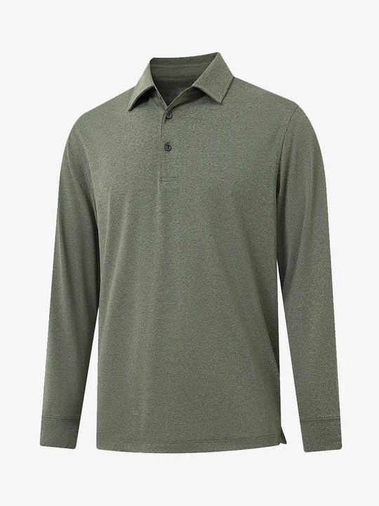 Olive Green Heather Skin-friendly Long Sleeve Melange Polo – 3D flat shirt display