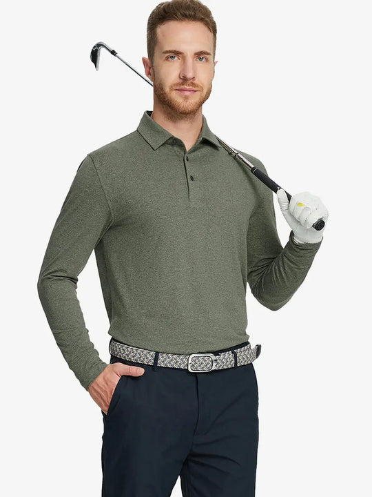 Model wearing Olive Green Heather Skin-friendly Long Sleeve Melange Polo – front half-body holding golf club