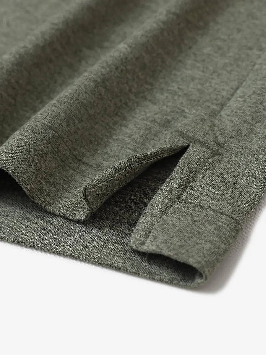 Olive Green Heather Skin-friendly Long Sleeve Melange Polo – close-up detail of side hem slit