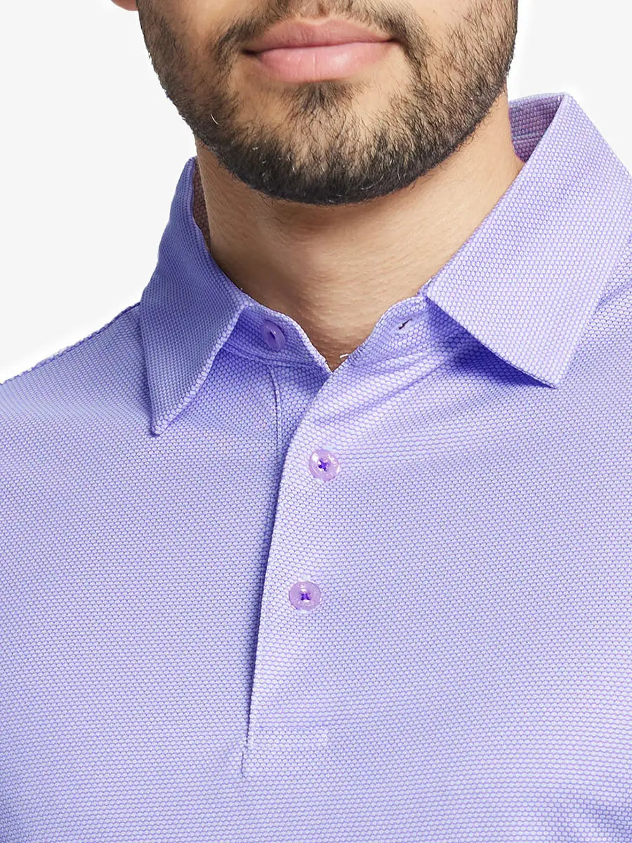 Close-up front view from nose to chest wearing LAVENDER Performance Ananas Jacquard Polo