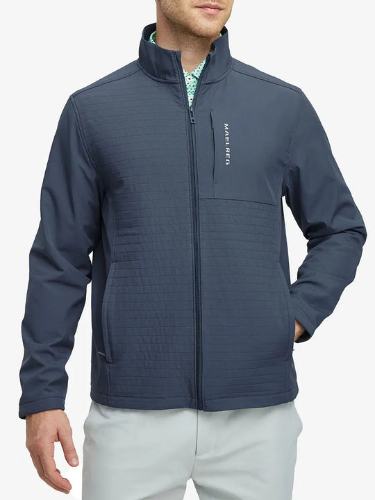 Model in Misty Blue Softshell Jacket, front half-body view from nose down – fresh and sleek look