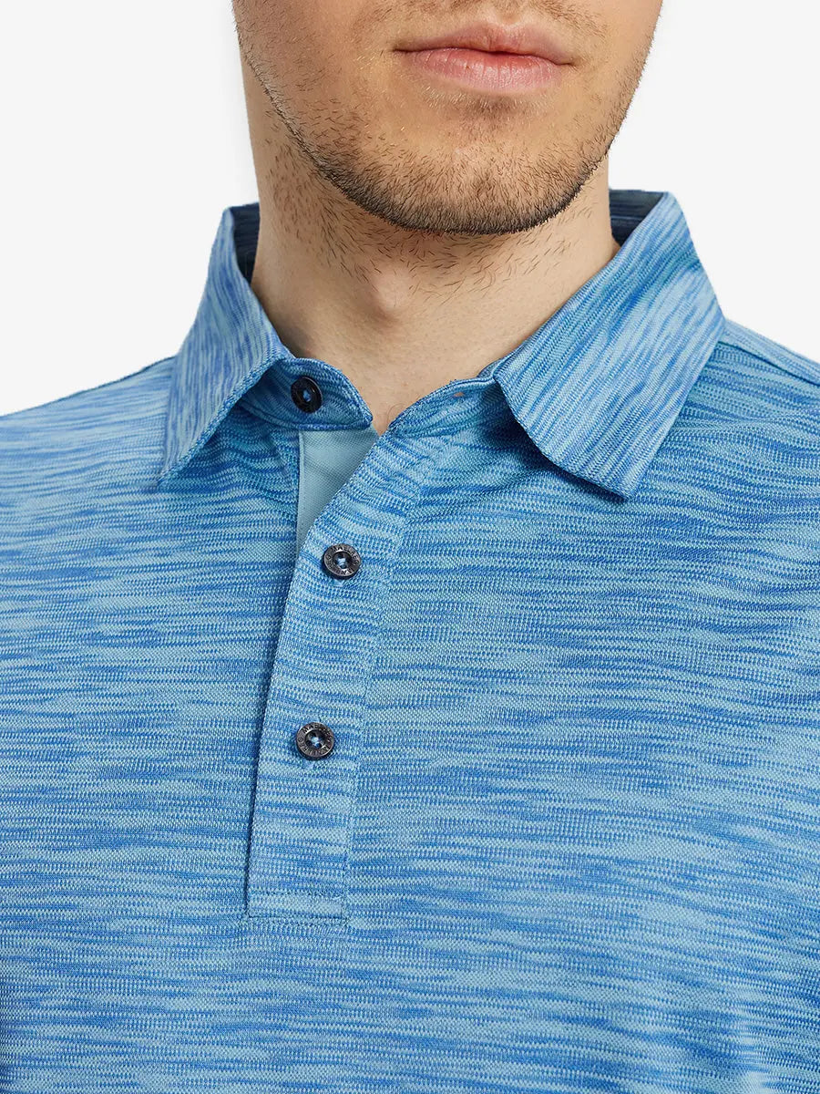 Front cropped shot from nose to chest in CLASSIC BLUE HEATHER Cool Heather Texture Polo