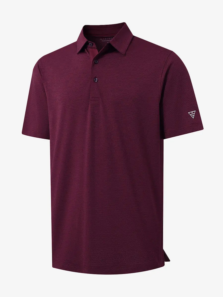 3D view showing jacquard fabric detail of Ventilated Heather Jacquard Polo in BURGUNDY HEATHER