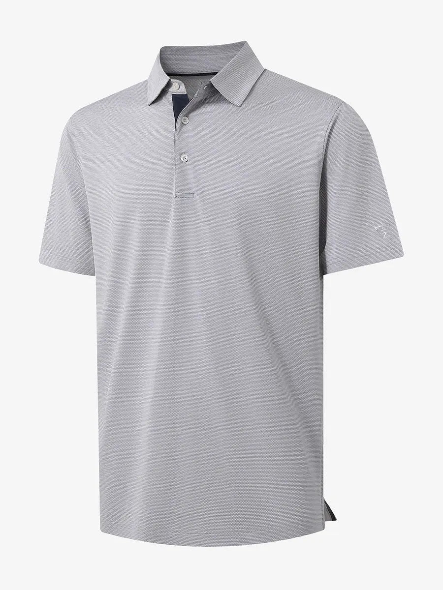 3D view showing jacquard fabric detail of Ventilated Heather Jacquard Polo in FADED DENIM HEATHER