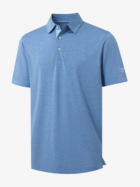 3D view showing jacquard fabric detail of Ventilated Heather Jacquard Polo in CLASSIC BLUE