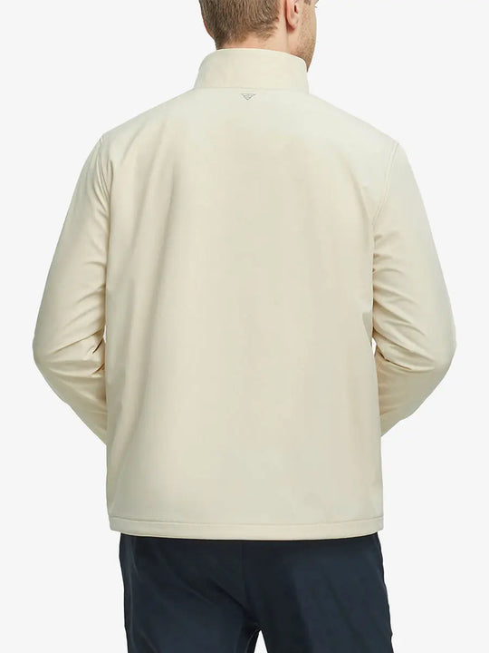 Back half-body shot showcasing the Light Khaki Softshell Jacket’s sleek fit and design