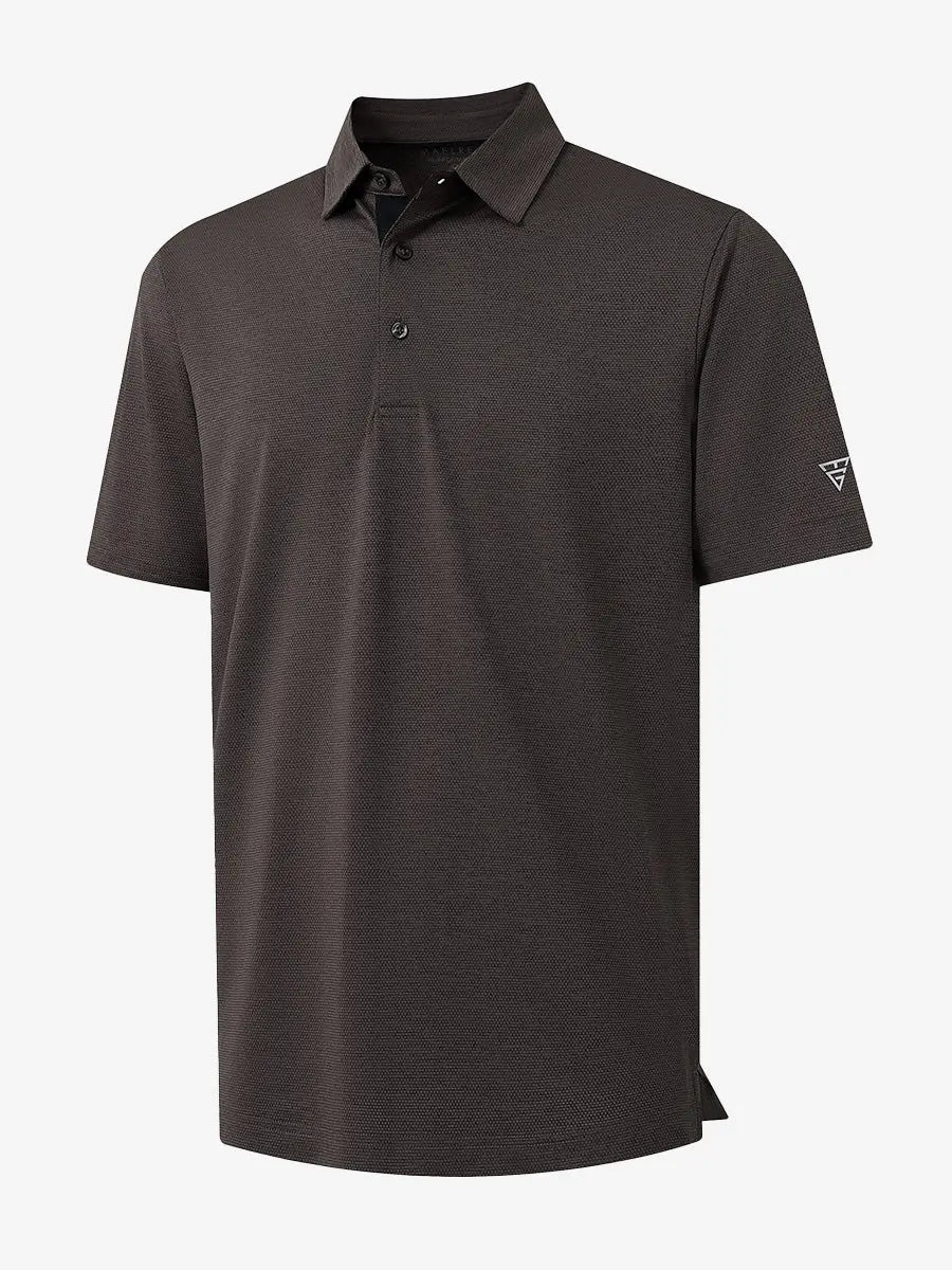 3D view showing jacquard fabric detail of Ventilated Heather Jacquard Polo in DARK BROWN HEATHER