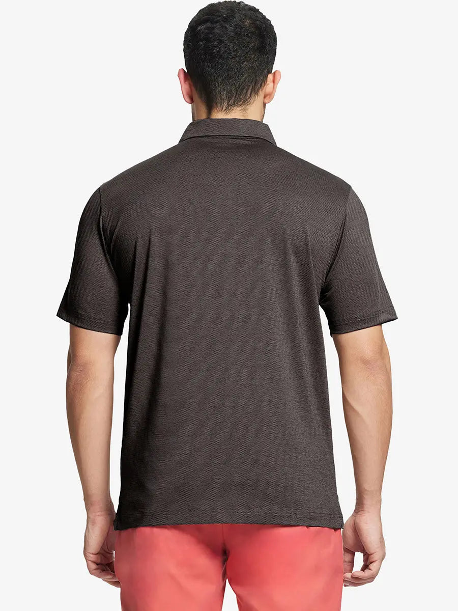 Rear half-body view showing fit and jacquard pattern of Ventilated Heather Jacquard Polo – DARK BROWN HEATHER