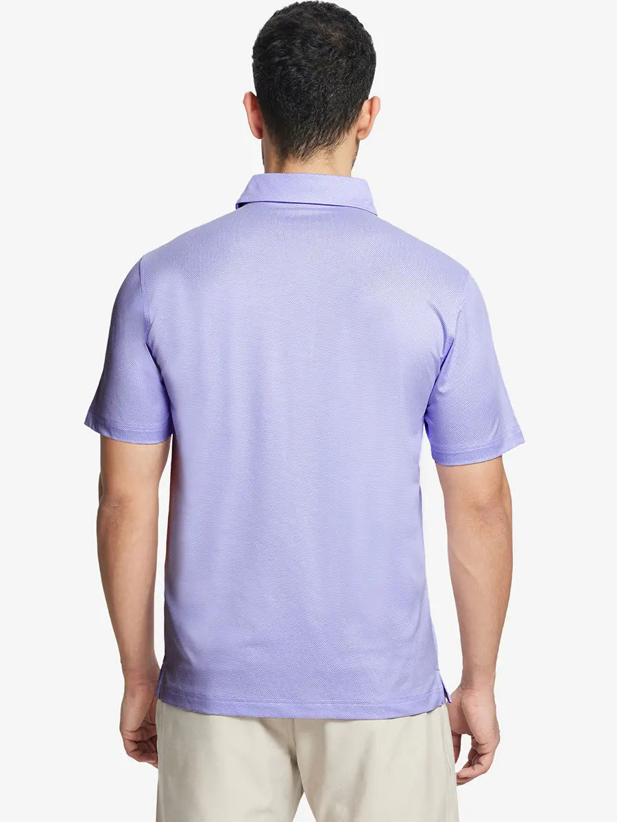 Rear half-body shot highlighting fit of LAVENDER Performance Ananas Jacquard Polo