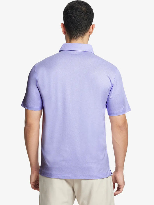 Rear half-body shot highlighting fit of LAVENDER Performance Ananas Jacquard Polo