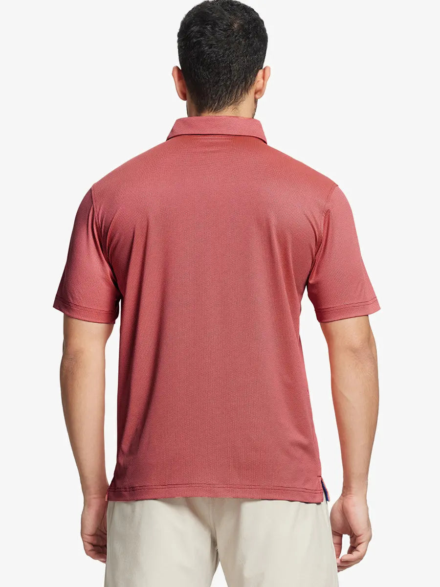 Back half-body look highlighting fit of the ORANGE Performance Ananas Jacquard Polo