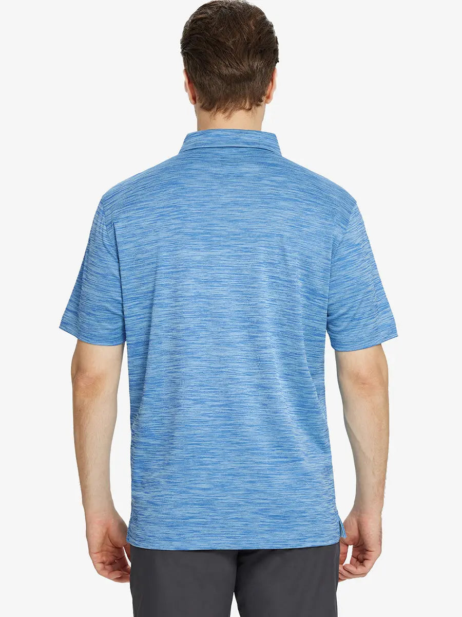 Rear half-body look in CLASSIC BLUE HEATHER, showing athletic fit and texture