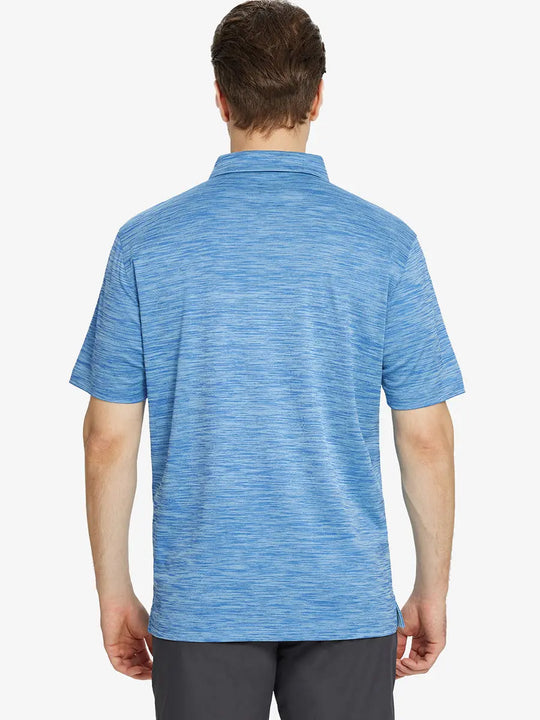 Rear half-body look in CLASSIC BLUE HEATHER, showing athletic fit and texture