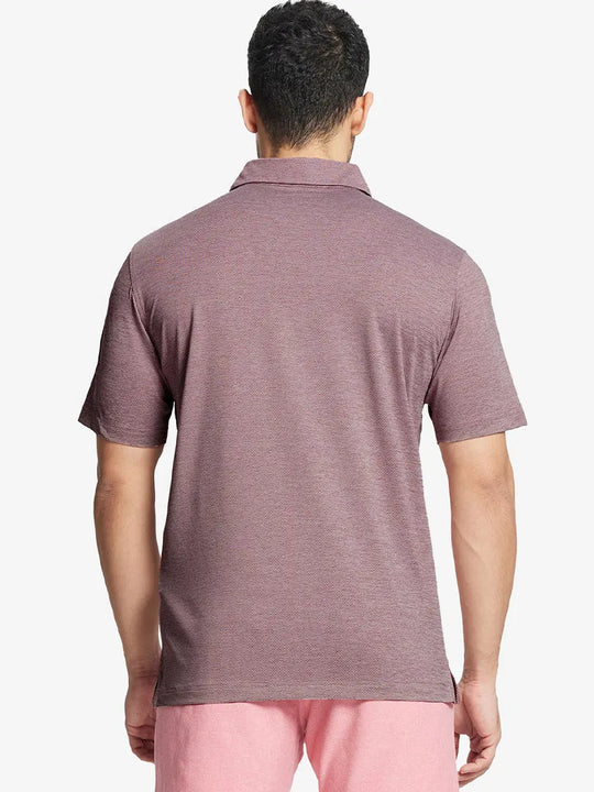 Rear half-body view showing fit and jacquard pattern of Ventilated Heather Jacquard Polo – DUSTY ROSE HEATHER