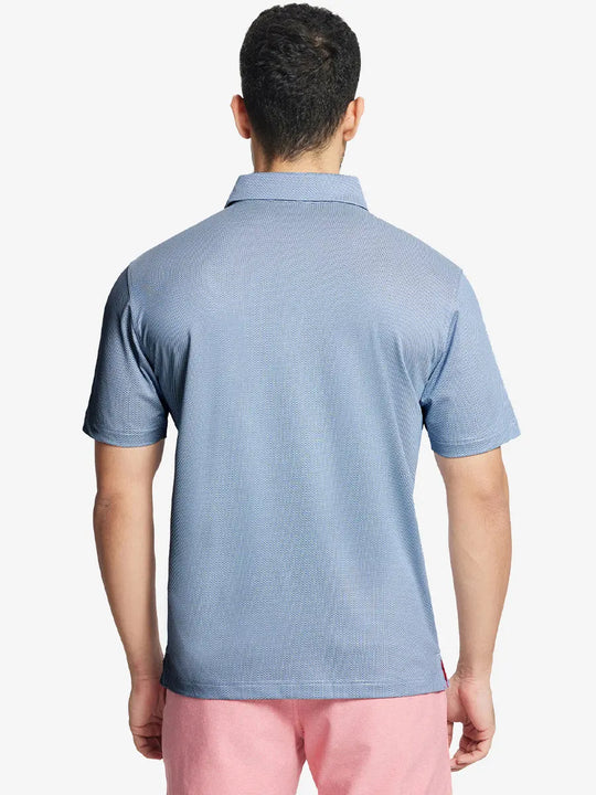 Rear half-body shot showing fit of LIGHT BLUE Performance Ananas Jacquard Polo