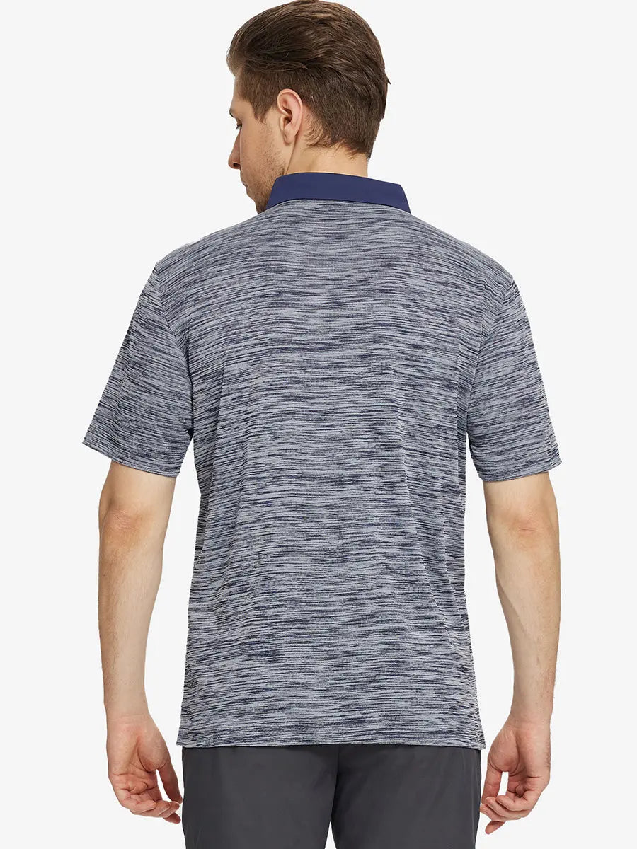 Back half-body view highlighting fit and fabric in NAVY HEATHER