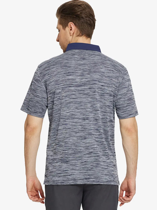 Back half-body view highlighting fit and fabric in NAVY HEATHER