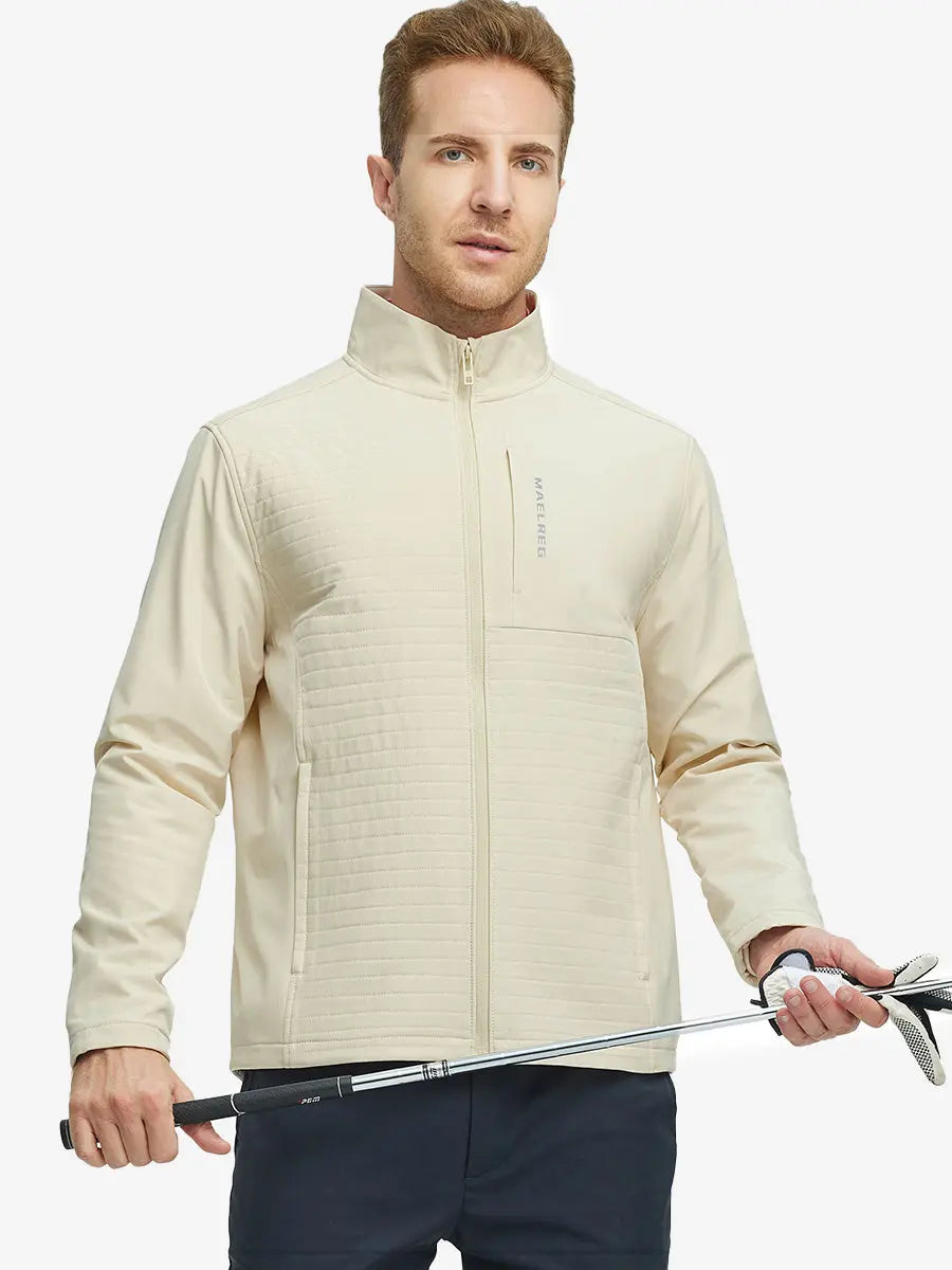 Model holding golf club, front-facing half-body view wearing Light Khaki Softshell Jacket – sporty look