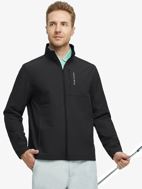 Model holding a golf club in front-facing pose wearing the Black Softshell Jacket – sporty and stylish