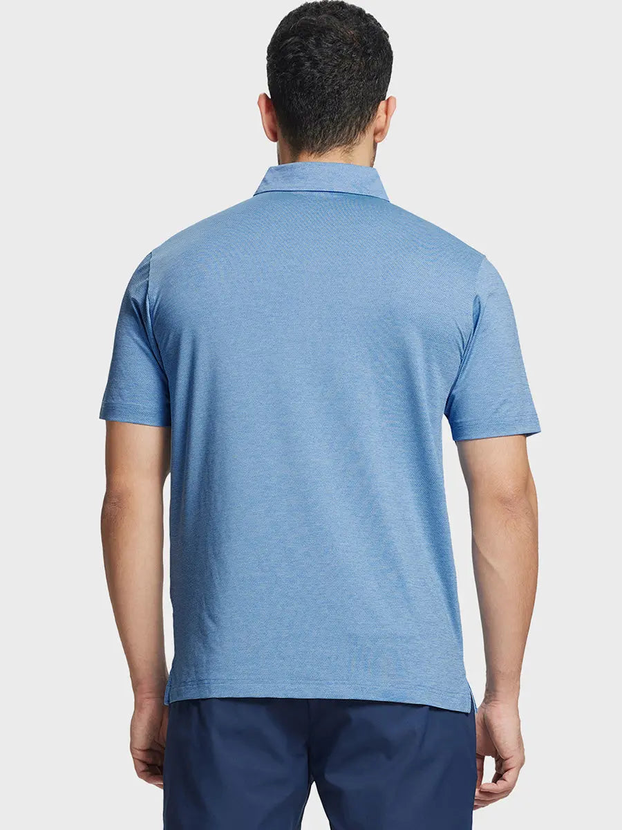 Rear half-body view showing fit and jacquard pattern of Ventilated Heather Jacquard Polo – CLASSIC BLUE