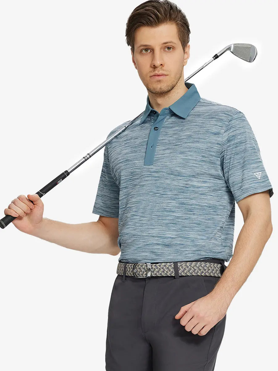 Half-body front shot with golf club, wearing SLATE GREEN HEATHER Cool Heather Texture Polo