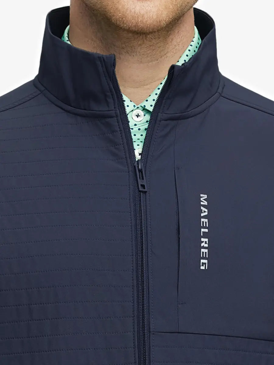 Close-up of collar detail on the Navy Softshell Jacket, showing quality and design