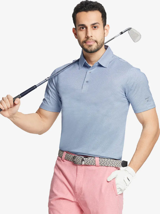 Model front half-body holding golf club wearing LIGHT BLUE Performance Ananas Jacquard Polo