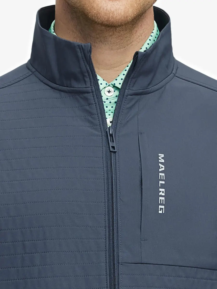 Close-up detail of the collar on the Misty Blue Softshell Jacket, highlighting craftsmanship